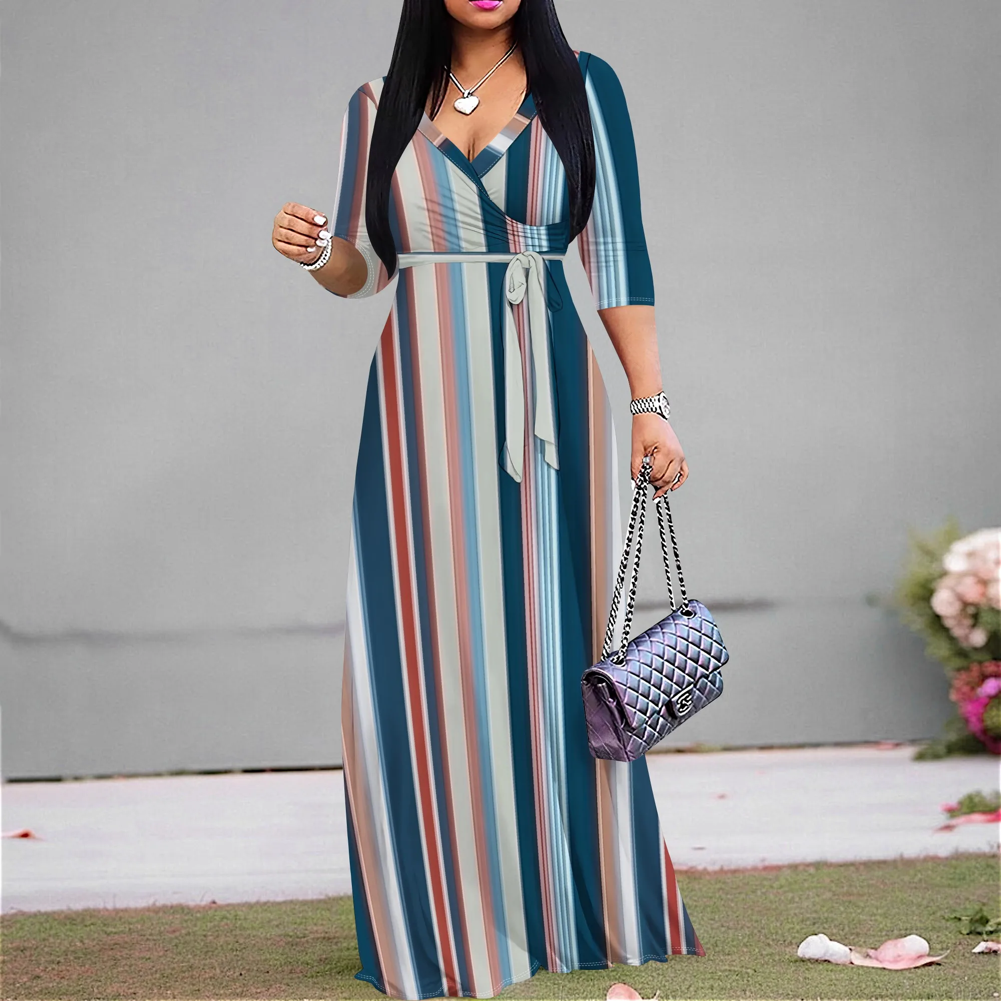 

Blue Red Stripe Maxi Dress S‑3XL V‑Neck Wrap Style with Belt & 3/4 Sleeves for Summer Brunch, Vacation or Office Look