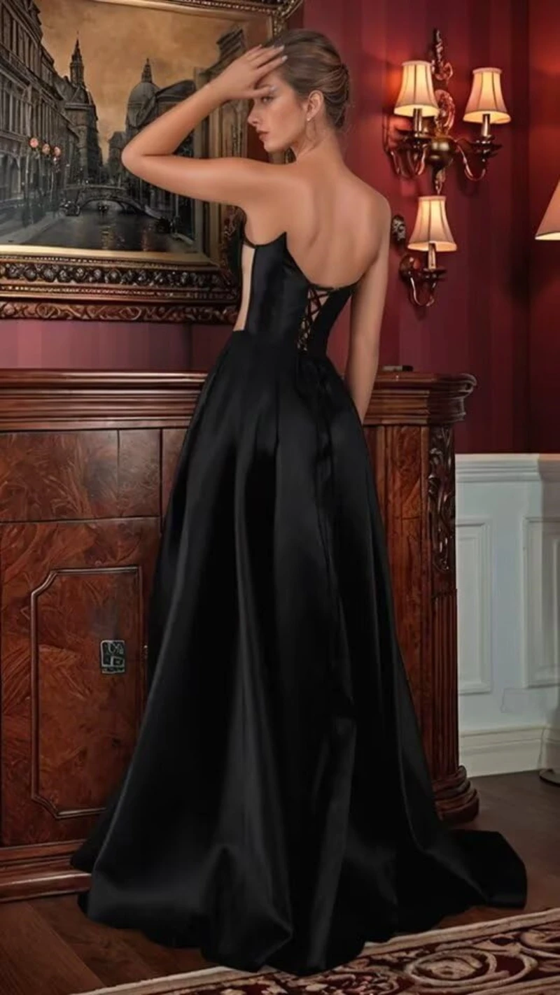 Vestido de fiesta de satén para mujer, vestido de fiesta sin tirantes, cintura abierta, cuello en V, vestido de noche formal