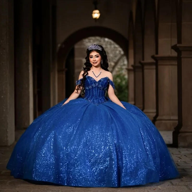 

Shiny Blue Quinceanera Dress off-shoulder Crystal Glitter flower Decal Long tail Big Bow Vestidos De 15 Quinceanera ﻿Customize
