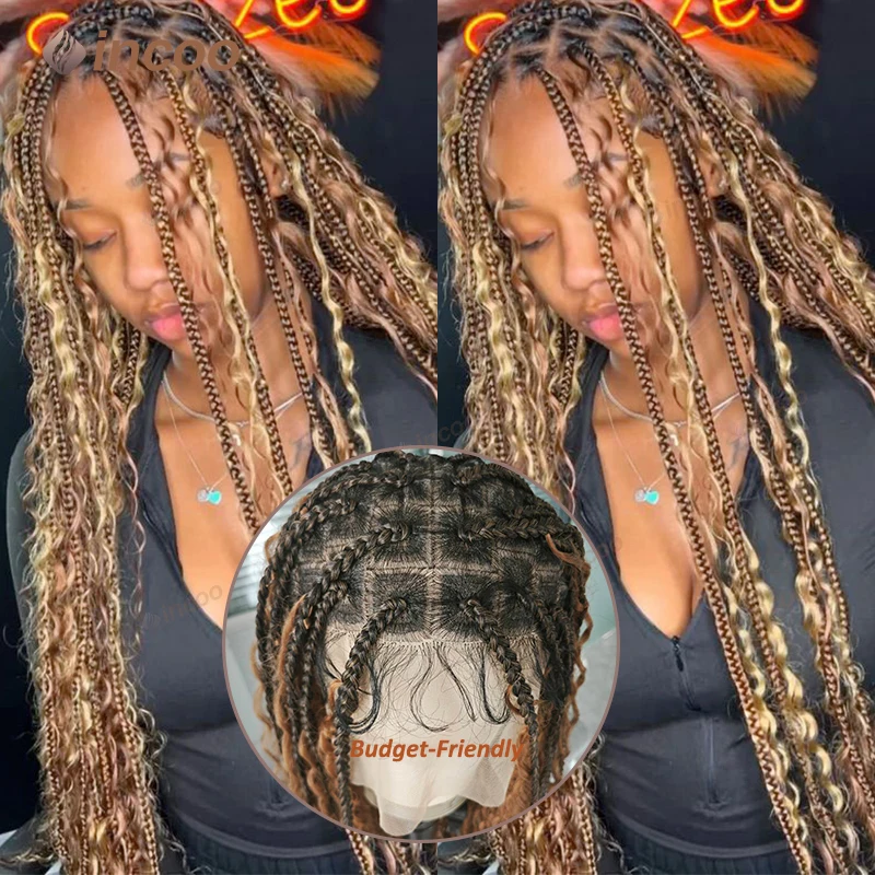 

36" Boho Braided Wigs Synthetic Wig For Black Women Knotless Box Braid Wig Lace Front Cheap Wigs Cornrow Braids Lace Wigs