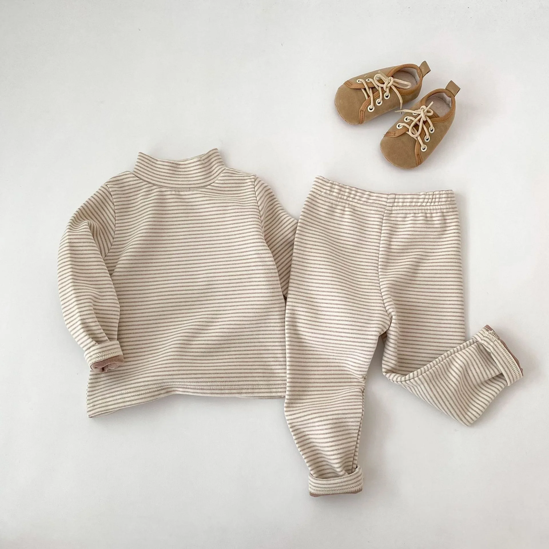 Autumn and Winter Boys and Girls Clothing Stylish Children's High Necked Striped Long Sleeved Base Shirtlong Pants Two Piece Set