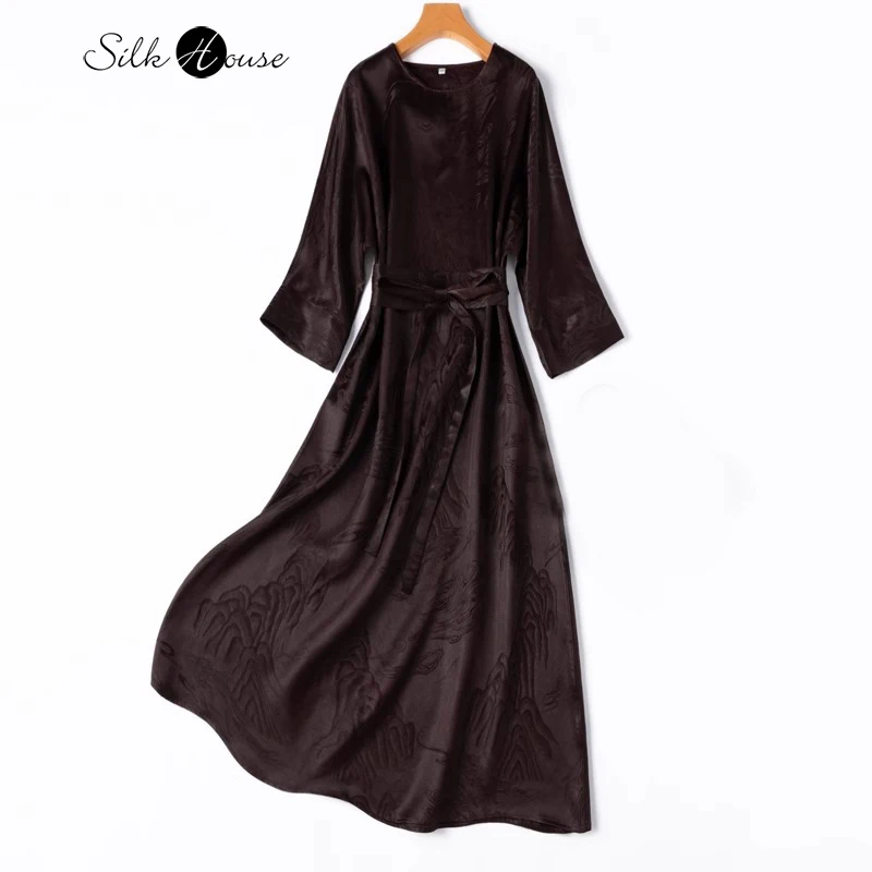 Extended Treasure 45MM 100% Natural Mulberry Silk Jacquard Fragrant Cloud Yarn Three Quarter Sleeve Waist Cover Women's Dress