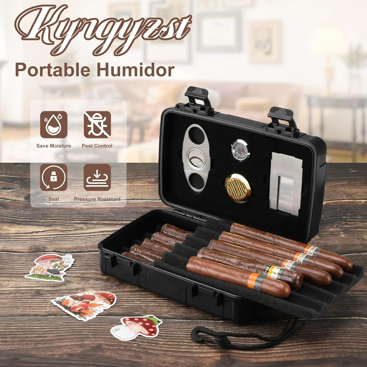 Portable Cigar Humidor Holds 10 Cigars with Cutter, Humidifier, Hygrometer - Travel Cigar Accessories Set for Men view 3