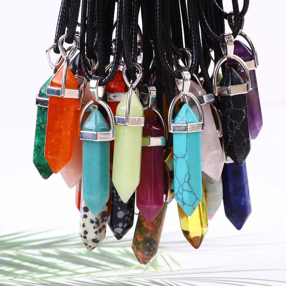 Natural Stone Crystal Hexagonal Point Pendants Quartz Bullet Hexagonal Pendulum Reiki Chakra DIY Jewelry Necklace Accessories