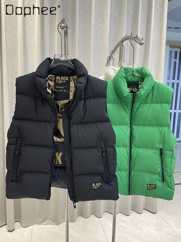 

Black Gold Down Vest Women Short Winter Commuting Fashion Solid Color Versatile Loose Slim Vest White Duck Down Thickened Jacket
