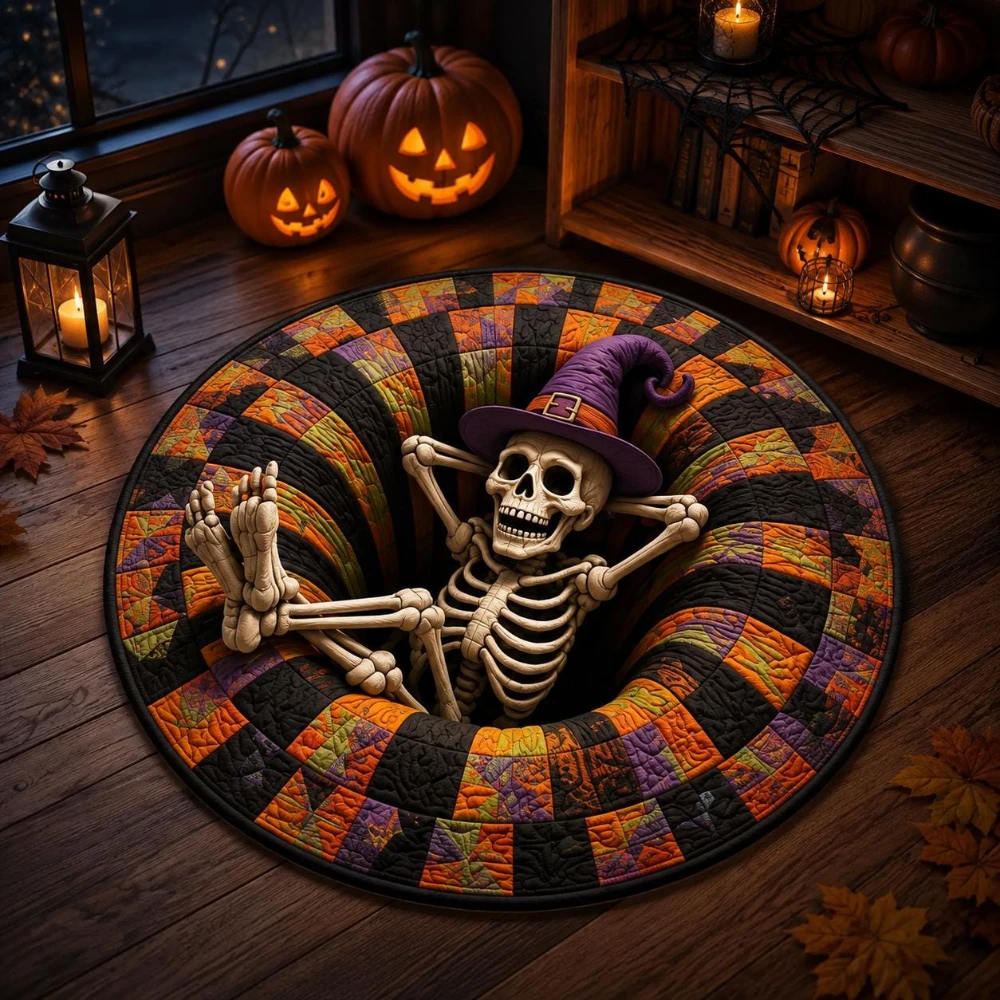 Witch Hat Skeleton Halloween 3D Area Rug Kitchen Sofa Side Bedroom Home Decor Front Door Back Door Coffee Table Circle Doormat