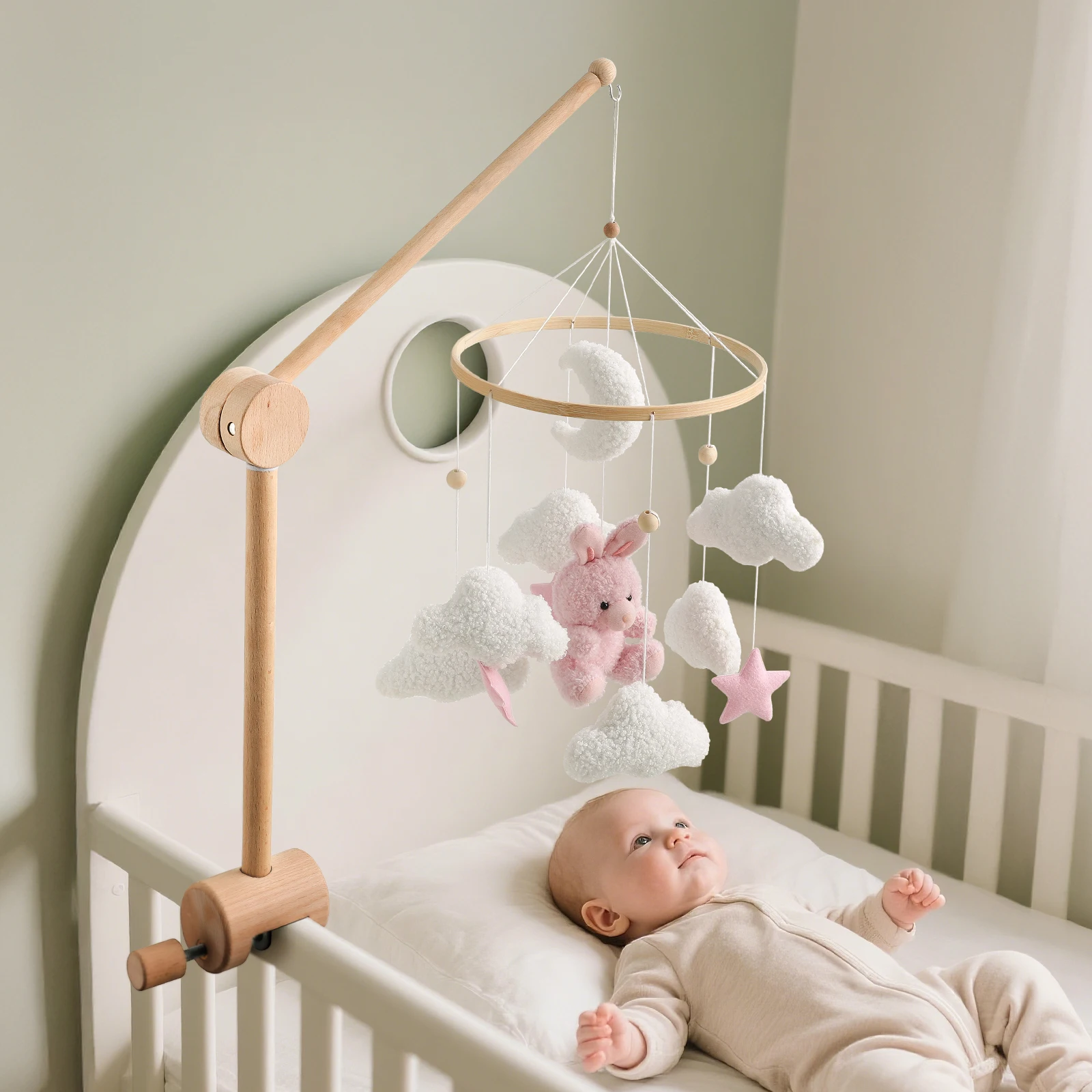 1PC Wooden Universal Crib Mobile Stand 360° Rotation Arm Height Adjustable Stable Anti-Tip Base Assembly for Cribs Nursery Decor