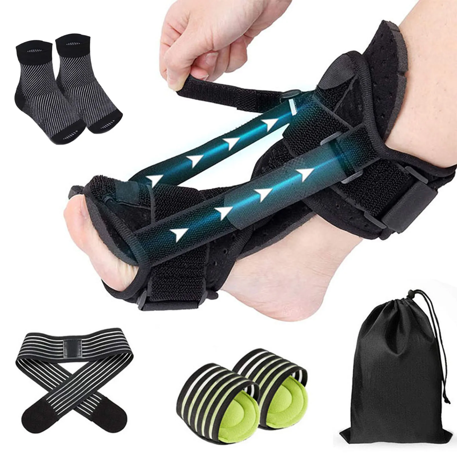 

Complete Package for Plantar Fasciitis Relief Splint Footrest Drawstring Pocket Arch Pad Fasciitis Socks and Strap