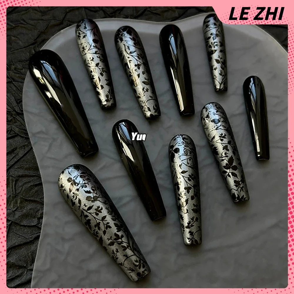 10Pcs Handmade Long Coffin Leopard Print Press On Nails Heavy Industry Y2K Pearl Steel Ball Diamond Flowers Wearable False Nail