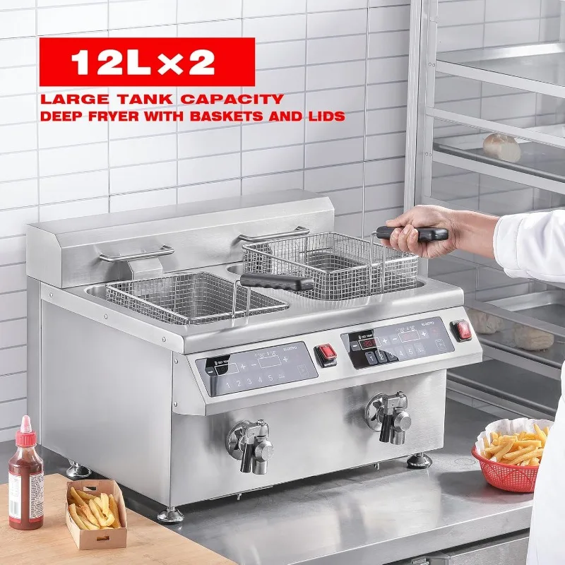 Induction Fryer 24L Dual Tank Deep Fryer with Basket and Lid Countertop Electric Fryer with Timer and Oil Drain Stainless Steel