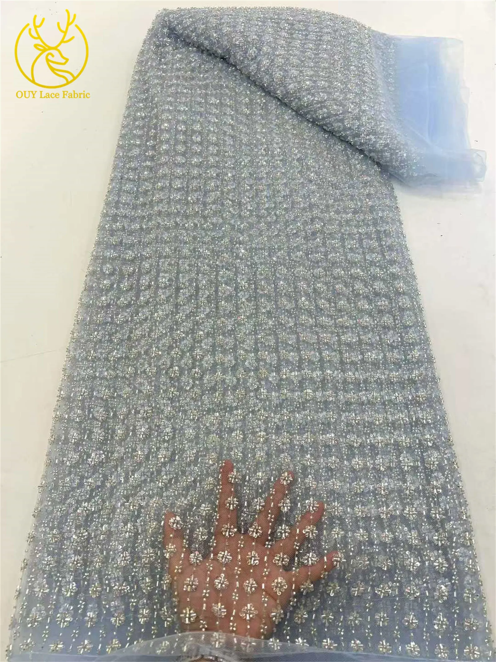 2026 Afrika handgemachte Perlen Spitze Stoff neueste Französisch Mesh Pailletten Spitze Stoff Nigeria Tüll Spitze Damen Party Kleid Material – Detail 9