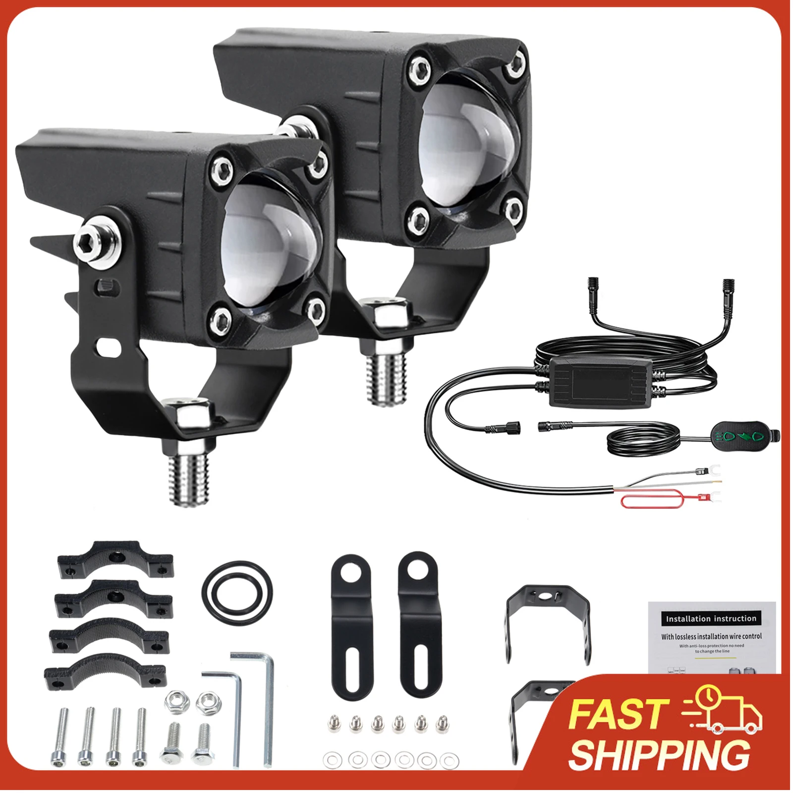 Motorcycle LED Driving Fog Lights 120W 18000LM 6 Lighting Modes LED Auxiliary Lights with Wiring Harness Kit and Mounting Bracke