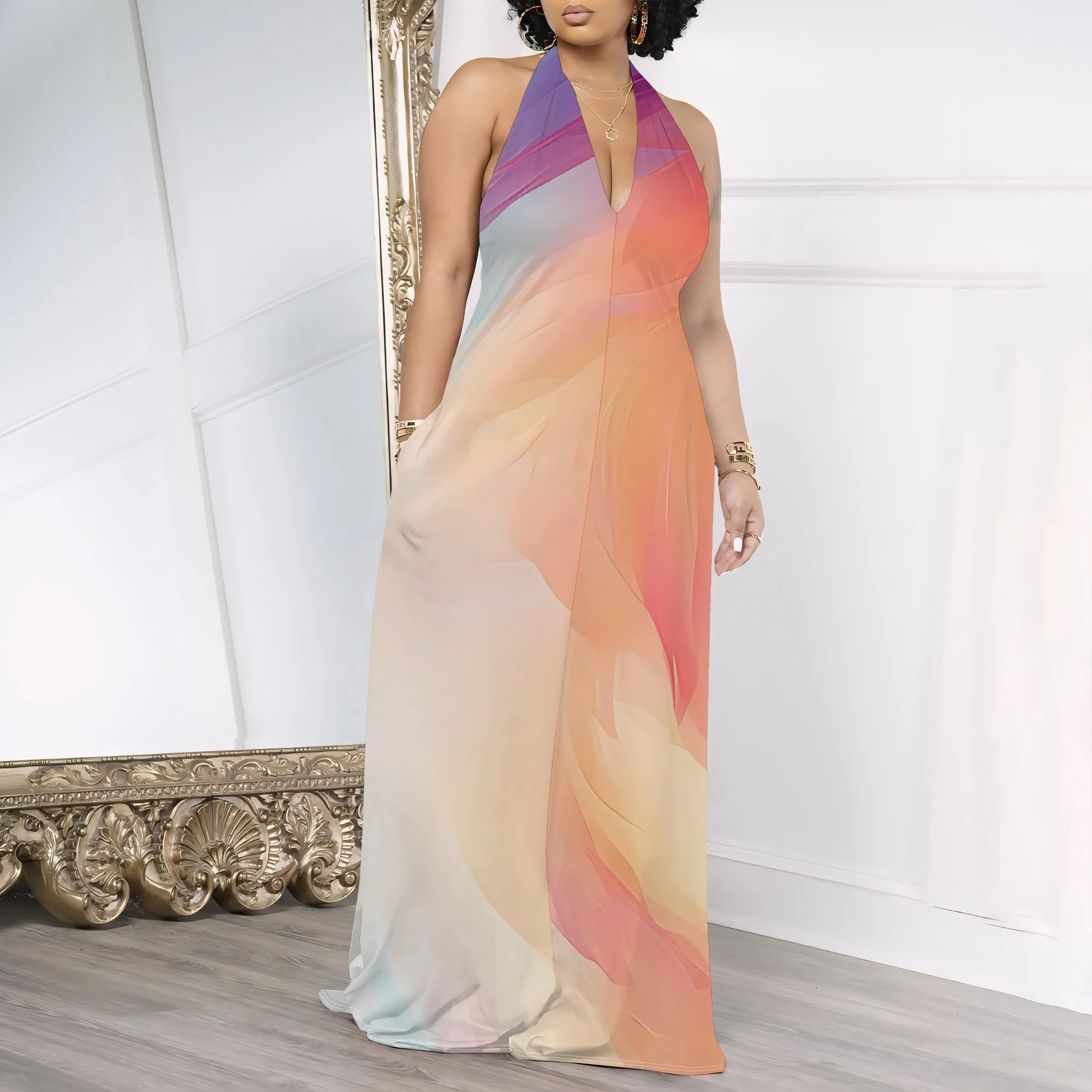 

Nupusa Gradient Print Dress for Women Summer Casual Halter Neck Maxi Dress