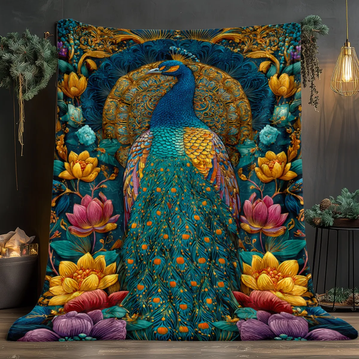 Luxurious Peacock Floral Print Throw Blanket Boho Sofa Cover  Decorative Couch Accent 150x230cm Home Decor