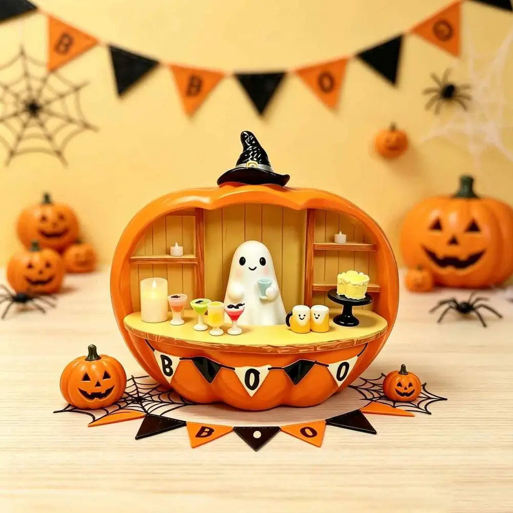 Halloween Pumpkin Bar Counter Figurine, Cute Ghost Bartender Mini Scene Statue Desktop Ornament For Home Party Display