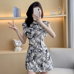 Women Summer Shorts Two Pieces Set Chinese Ladies Elegant Ruffles Print Short Sleeve Tops And Shorts Sets New Fashion Suits