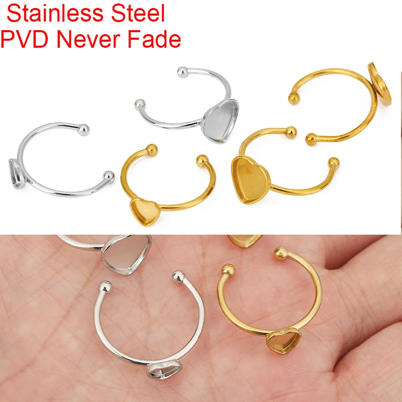 5pcs Adjustable Stainless Steel Heart Ring Settings Tray Findings PVD Never Fade Cabochon Cameo Ring Base For Diy Jewelry Making