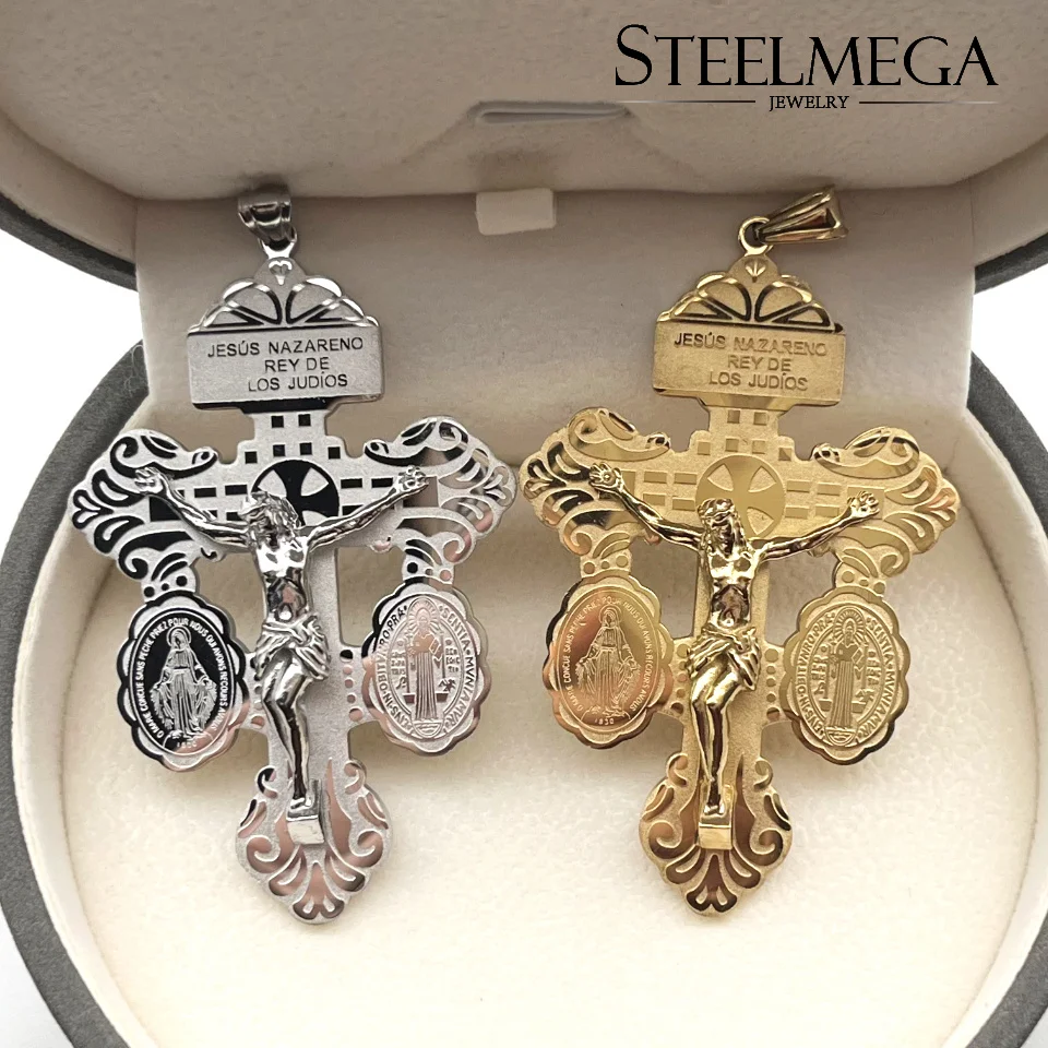 STEELMEGA Stainless Steel Catholic Pendant, Holy Cross of Forgiveness, Pardon Crucifix
