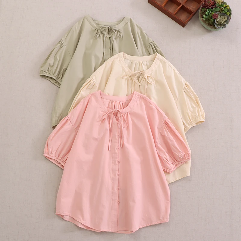 

Japanese Sweet Mori Girl Solid Color Lace Up O-Neck 100% Cotton Shirts Women Summer Short Puff Sleeve Casual Loose Blouse Tops