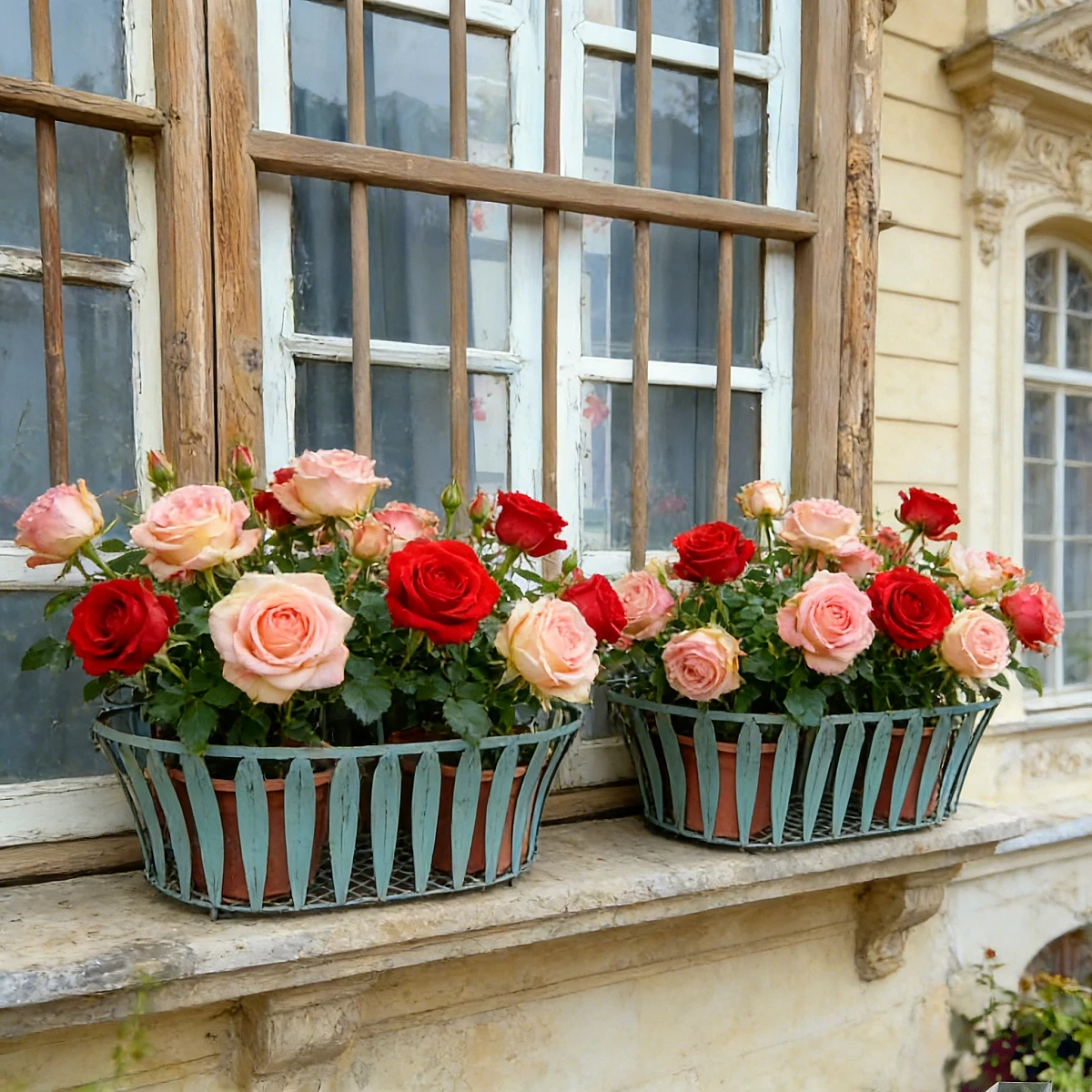 Vintage Distressed Metal Window Flower Box Set, Decorative Wall Mounted Planter Basket for Garden Balcony