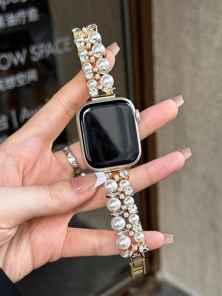 

Luxury Diamond Band For Apple Watch Ultra 10 9 8 7 6 5 4 Woman Pearl Bracelet Strap For iWatch 38 40mm 41mm 42mm 45mm 46mm 49mm