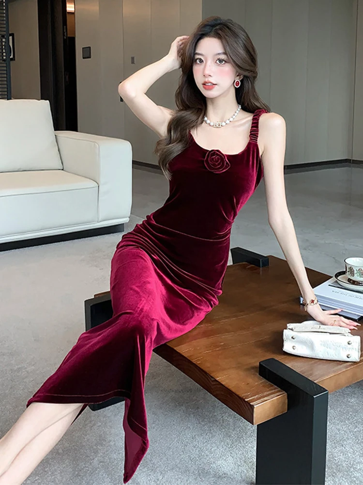 패션 레드 벨벳 플로럴 섹시 스트랩 드레스 여성 의류 슬림 이브닝 드레스 우아한 여성 패션 파티 프롬 드레스 로브 레트로
