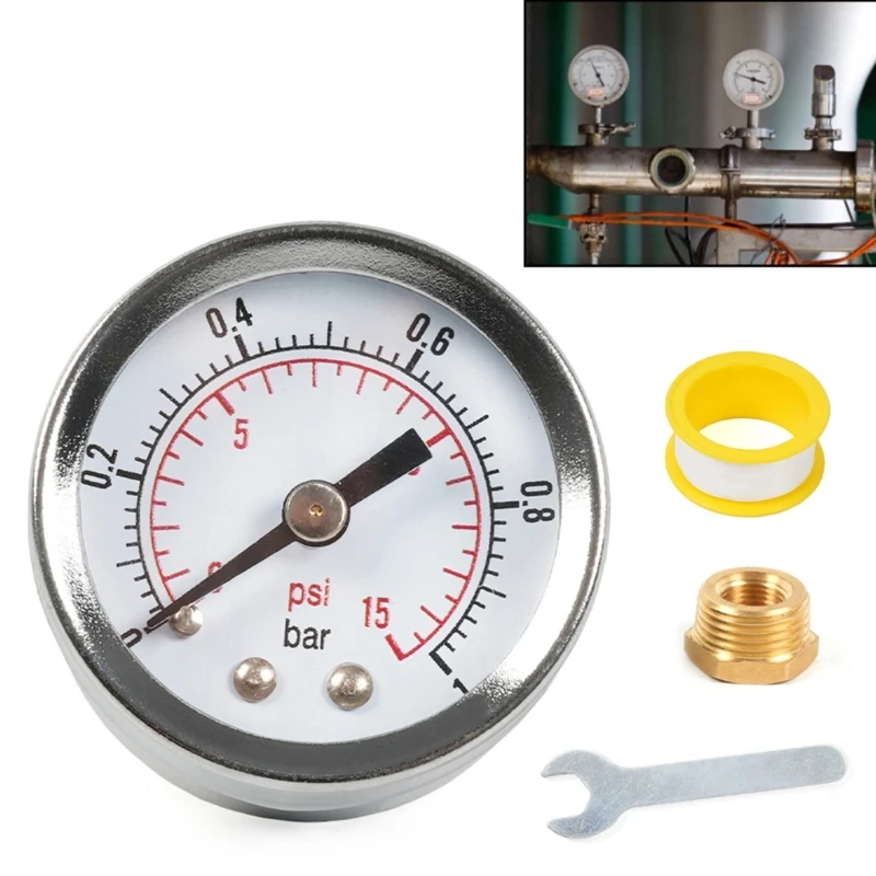 1/8'' NPT Fuel Pressure Gauge 0-15PSI 0-1Bar & Wrench Adaptor Kit Double Scale Pressure Gauge for Fuel Injections System