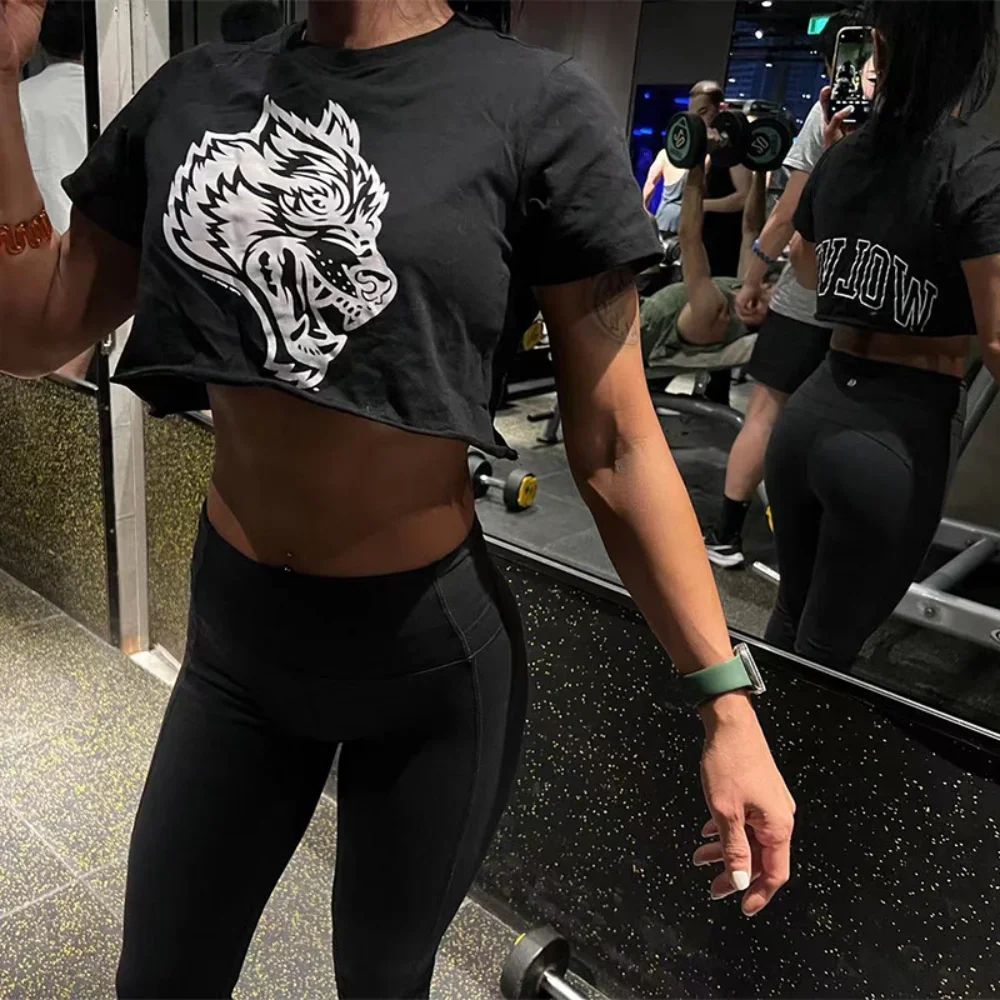 

Gym T-shirt, Wolf Head Print Fitness Yoga Short-sleeved Top Women's Loose Running T Fitness Femme Playera Sin Mangas Hombre Gym