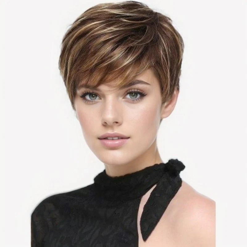 Women's short wig with side bangs, brown-gold color, made of thick high-temperature fiber
