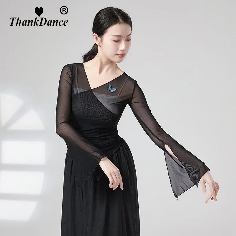 Classical Dance Gauze Mesh Top Long Horn Sleeve Shirt Flowy Body Rhyme Casual Blouse Cloth Performance Costume Dancewear Top New