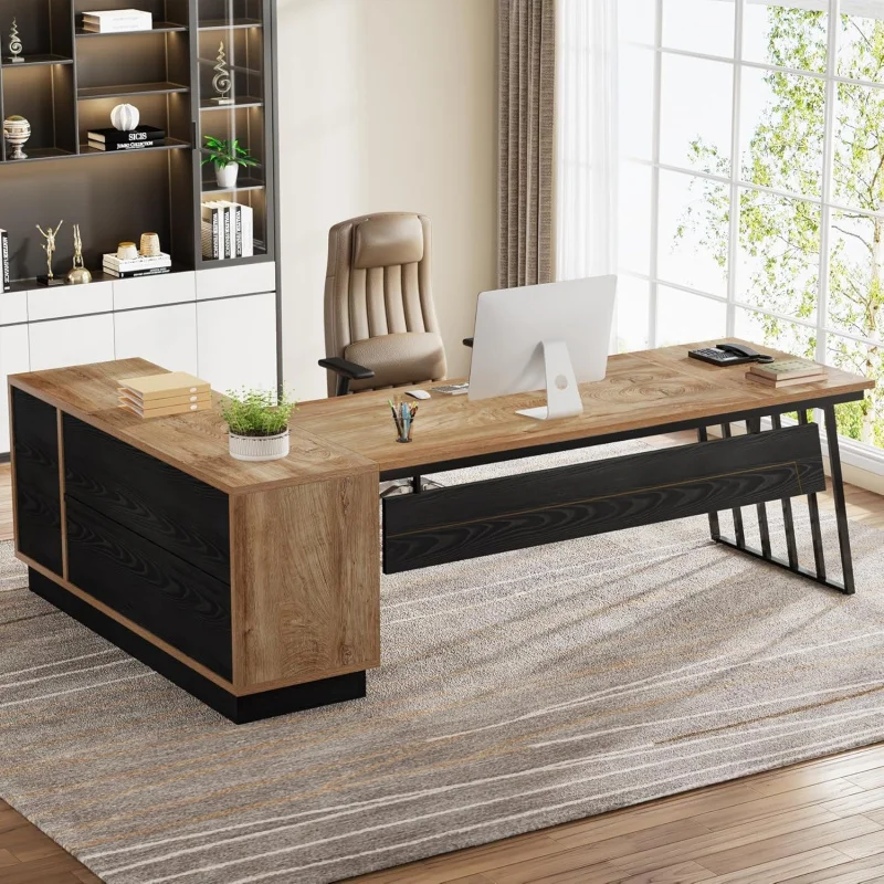 

2026 New：71-Inch Executive Desk, L-Shaped Desk with Cabinet, Large Office Desk with Drawers and Storage Shelves, Writ