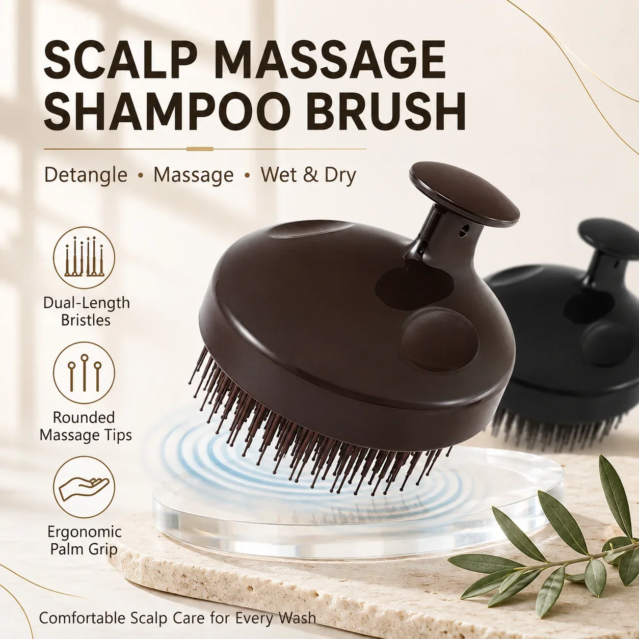 Scalp Massage Shampoo Brush Dual Length Nylon Bristles Wet Dry Detangling Hair Comb Ergonomic Palm Grip for Men Women Travel Use
