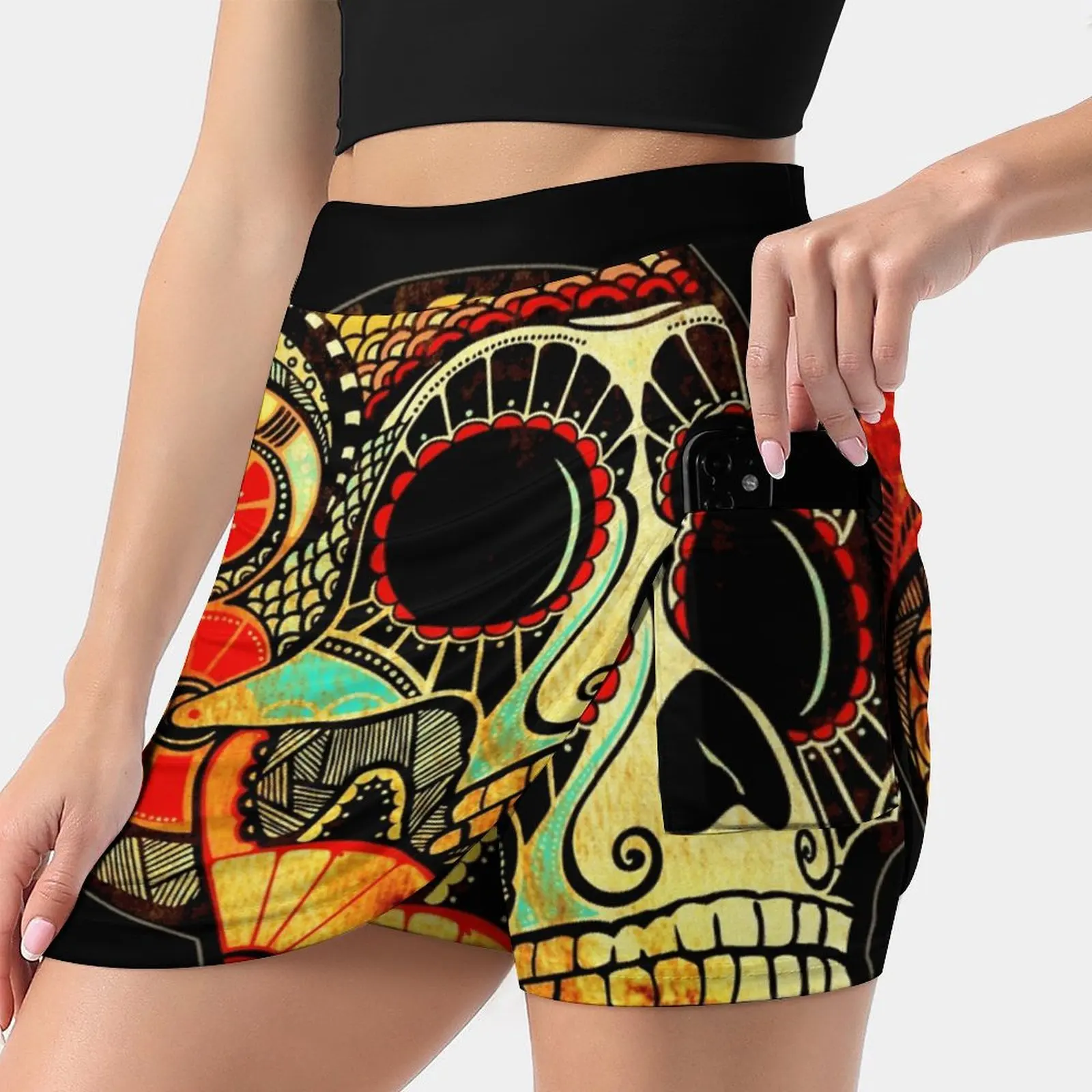 Grunge Skull Women's skirt Mini Skirts A Line Skirt With Hide Pocket Sugar Skull Candy Macabre Muertos Tattoo Chaos El Dia De