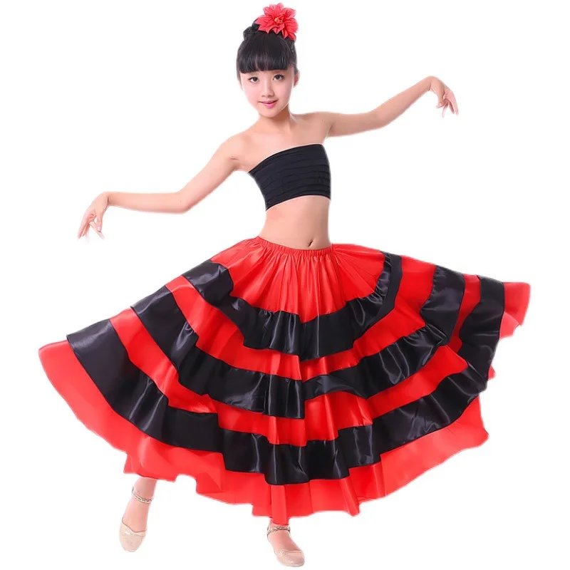 1 pçs/lote crianças moda dança do ventre saia vermelha menina tourada dança cetim fita preta saia flamenco