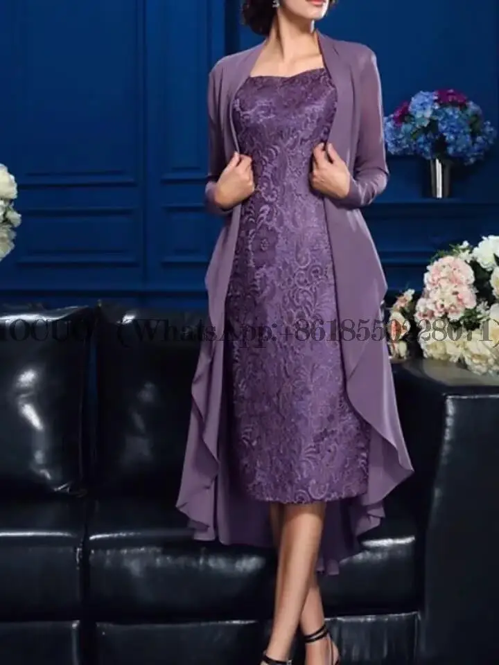 

Dark Purple Knee Length Mother Of Bride Dresses Elegant Chiffon Lace Mom Wedding Evening Formal Gown Robe De Soirée Femme