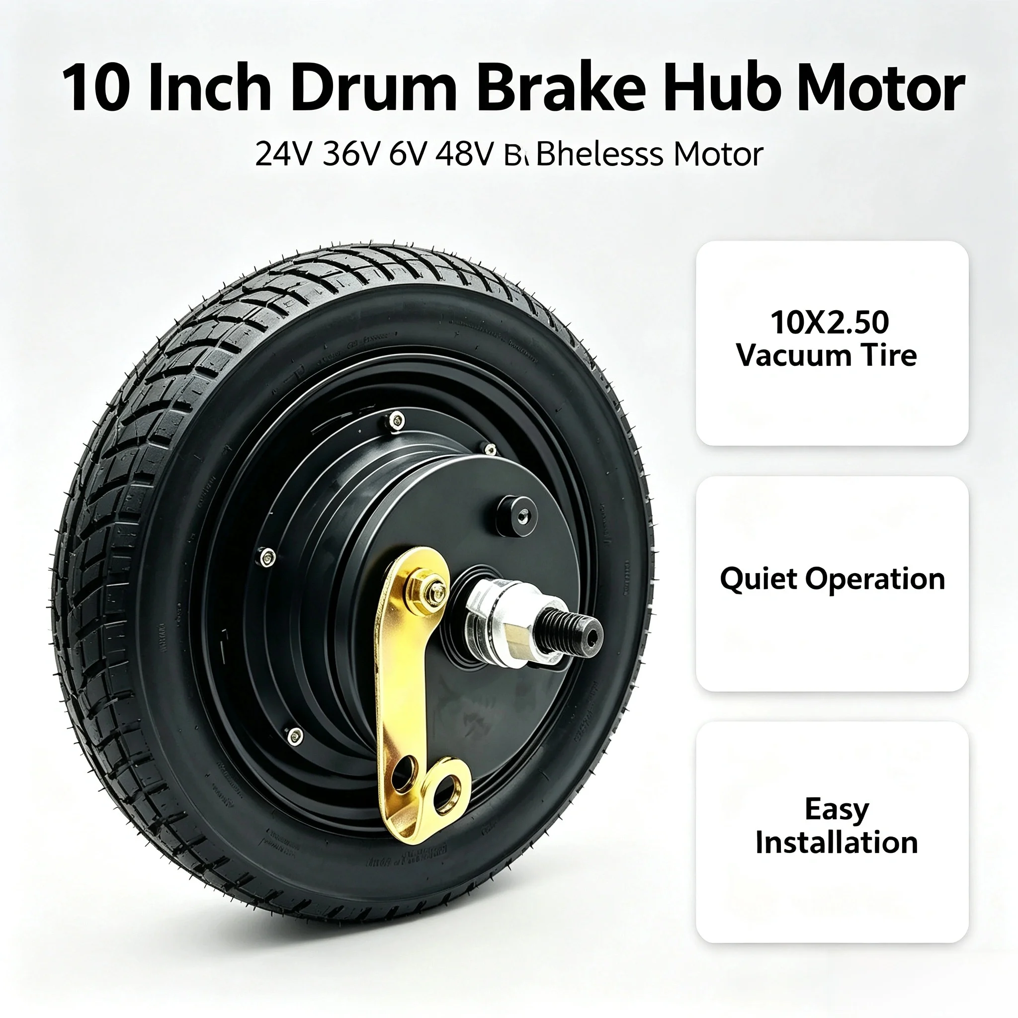 10 Inch Drum Brake Hub Motor 24V 36V 48V Brushless Scooter Motor with 10X2.50 Vacuum Tire for Small Harley Dolly E-Scooter