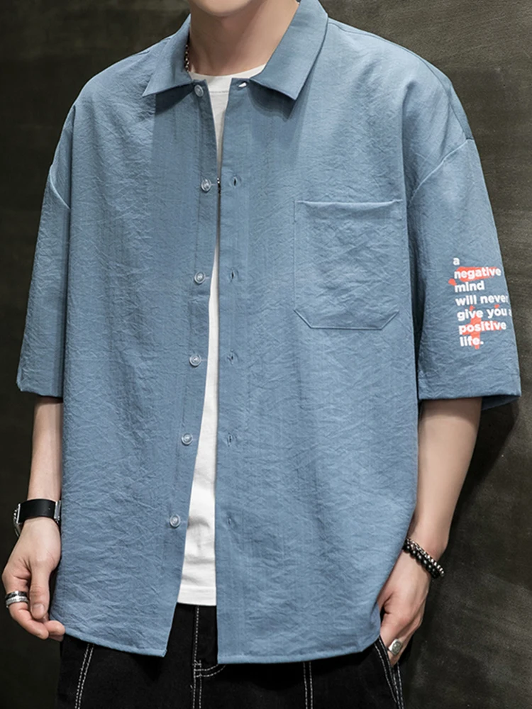 

Loose Fit Ice Silk ort Sve Men's irt Casual Summer Faionable Brand Versatile Five-Quarter Sve Printed Youth Trend