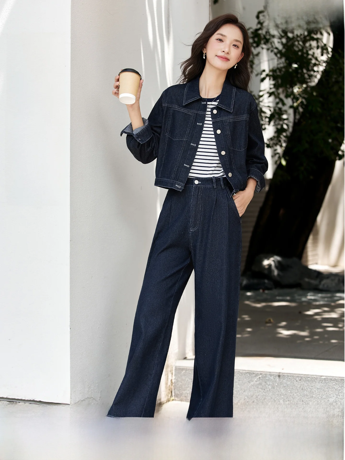 

Retro Denim Set Women's Spring New Collar irt Wide Leg Pants Two Piece Set Casual Sle Pure Color Cotton Long Sve Butto...
