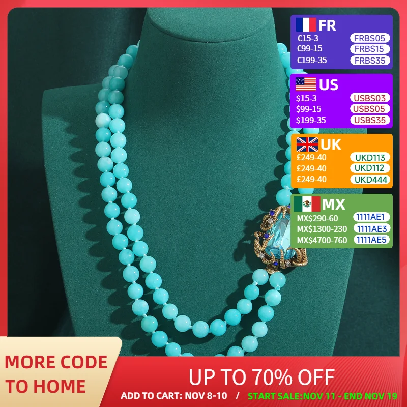 

Vintage Beaded Necklace Layered Statement Chunky Crystal Ice Blue Glass Chain Square Antique Jewelry Accessories For Women New