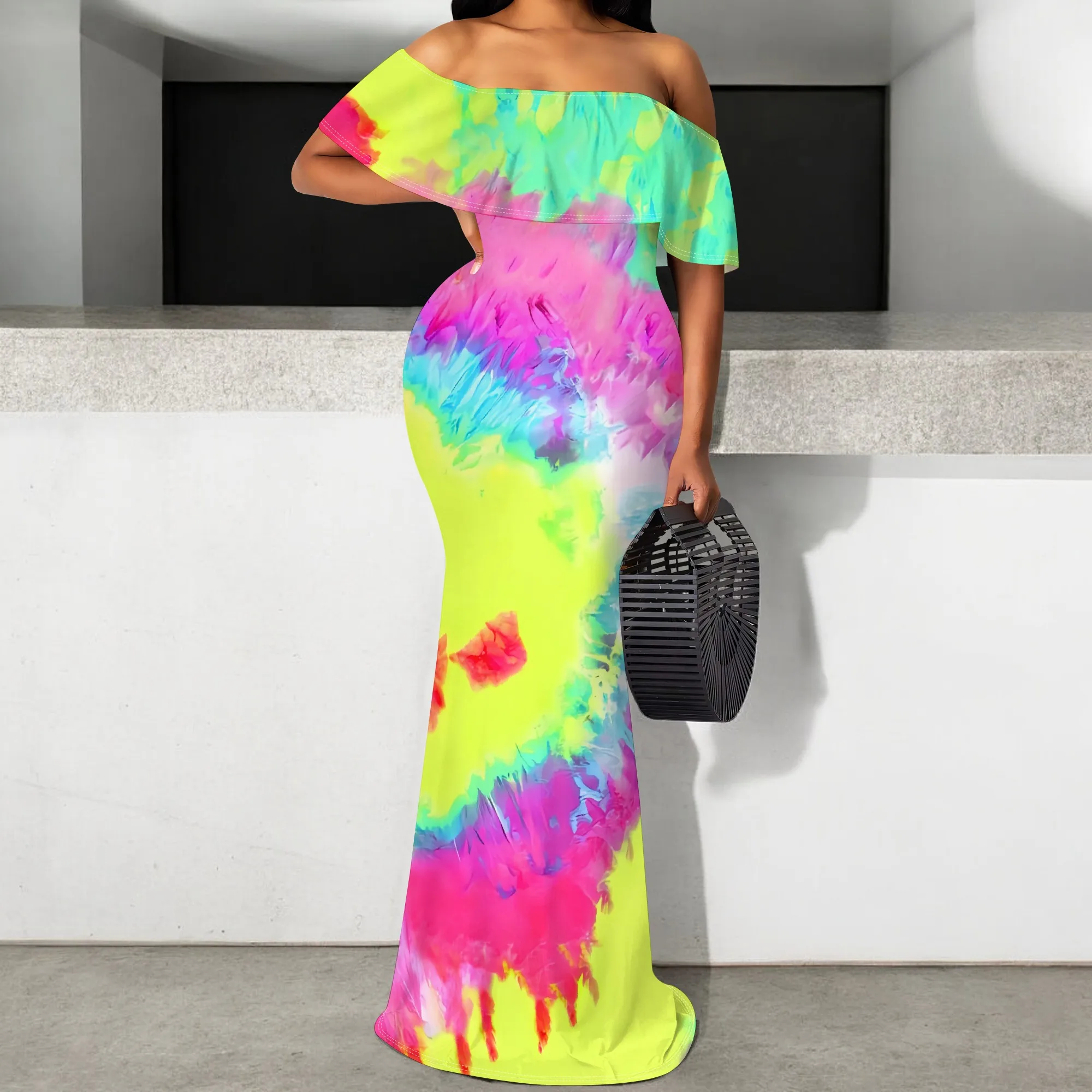 

S-3XL Tie Dye Maxi Dress Women’s Summer Off Shoulder Bodycon Beachwear