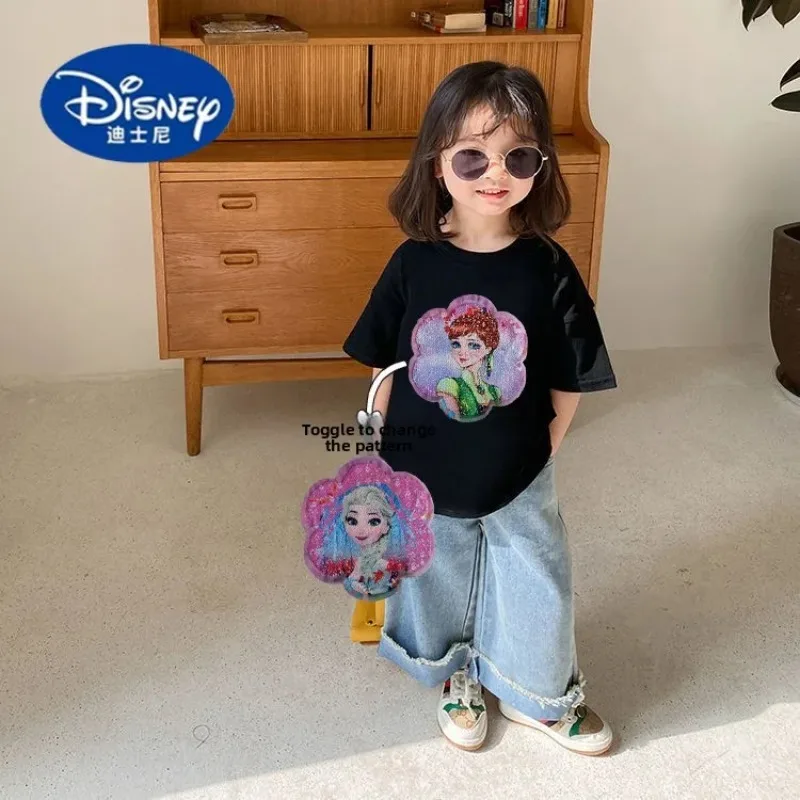 

Disney Summer New Color Change Glitter Cotton Round Neck Girls Cute Short Sleeve Versatile Loose T-Shirt
