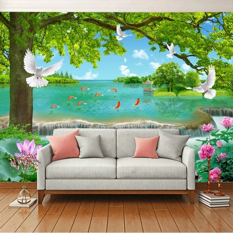 Custom 3D Wallpaper Landscape Painting Lotus Waterfall Chinese TV Mural Living Room TV Sofa Bedroom Study Wall Papel De Parede