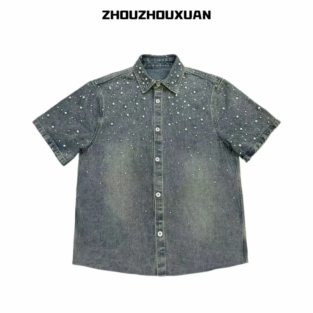 Japanese Original Heavy Craft Rhinestone Pearl Denim Short Sleeve Turn-down Collar Shirt Vintage Washed Distressed Unisex Shirt