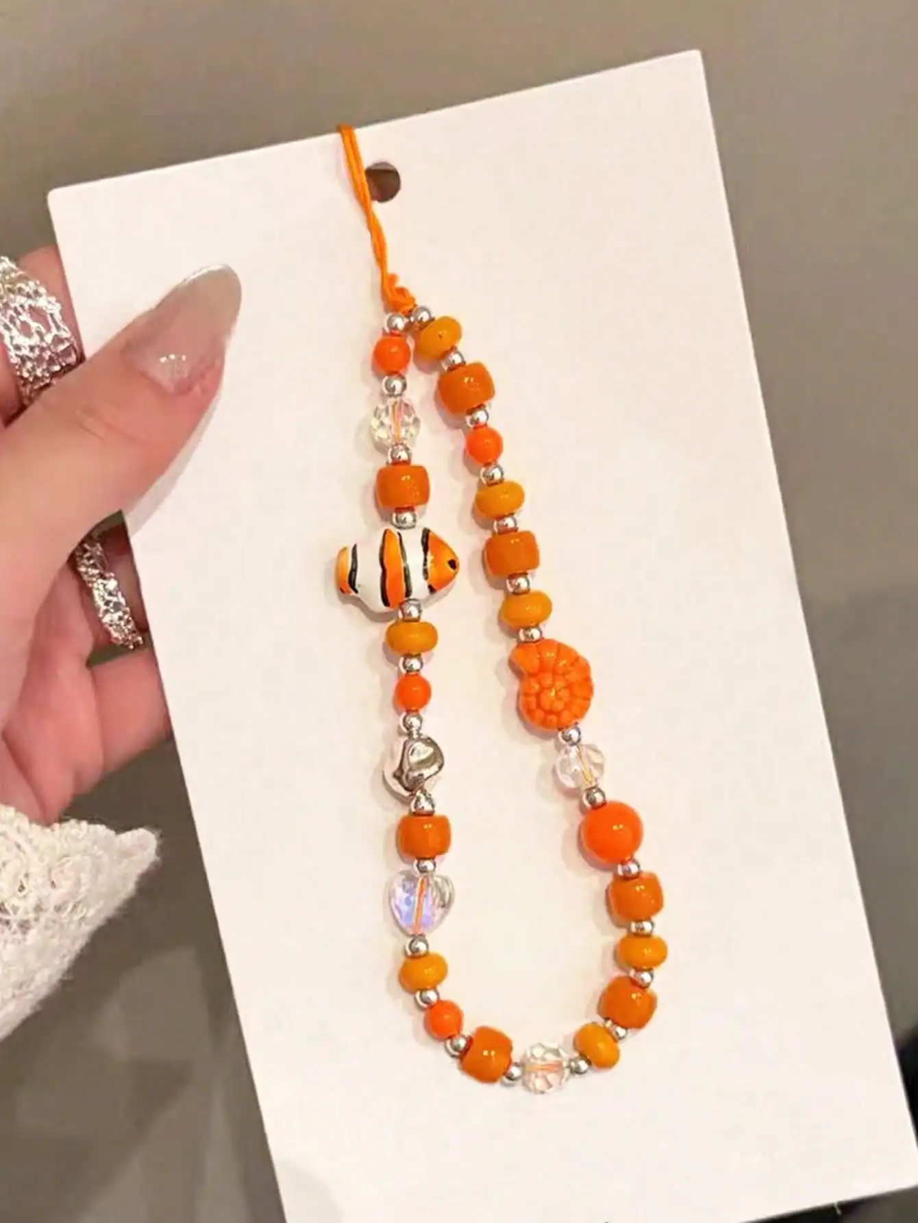 

Warm Orange & Orange Small Fish Shell Beaded Lanyard, Short High-End Phone, Camera, Earphone Strap