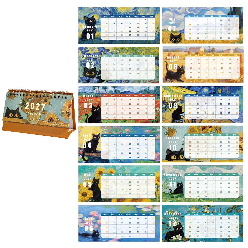 2027 Black Cat Painting Kalender, kleines, tragbares Design, Tages-/Monatsplanerseiten für Büro, Zuhause, Schreibtisch, Zeitorganisator und Dekoration – Detail 12