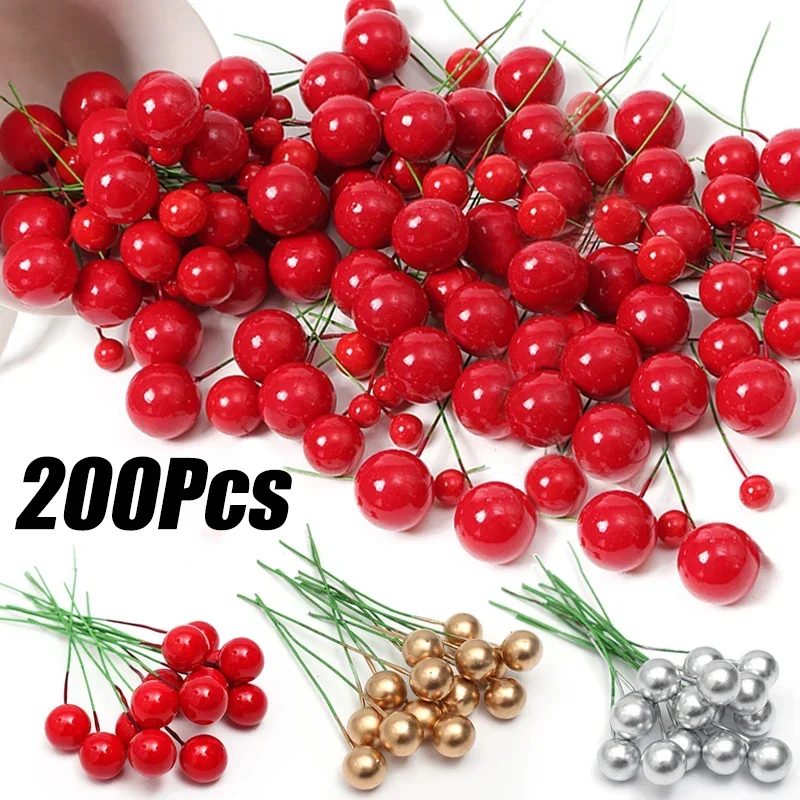 50-200pcs Artificial Berry Christmas Pearl Stamens Small Berries Red Gold Silver Simulation Cherry Wreaths Christmas Tree Decor