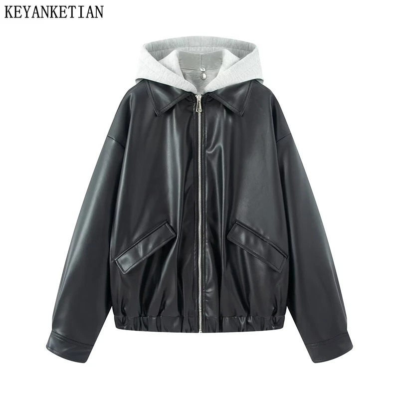 

KEYANKETIAN 2025 Winter New Women's Artificial Leather Hooded Jacket Unisex style Loose Zipper Short Blazer Patchwork Outerwear