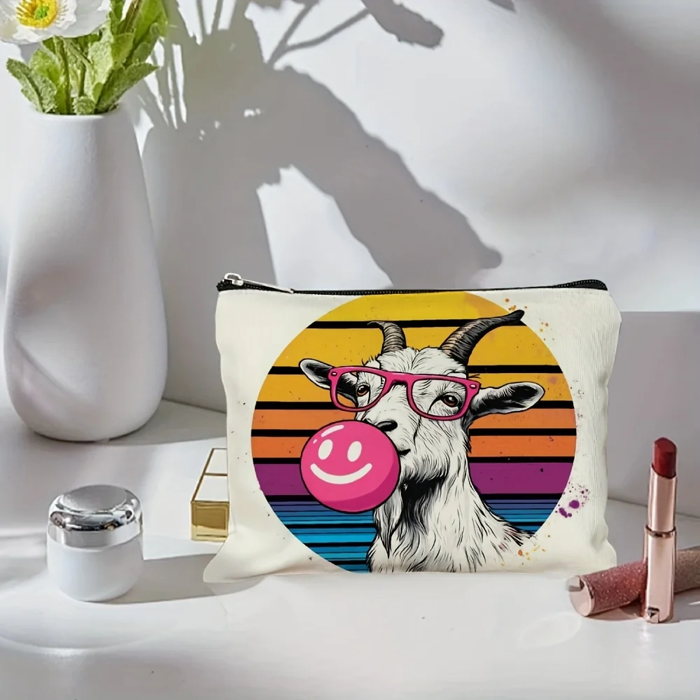 Kozioł w okularach i kosmetyczka z różową gumą balonową - wielofunkcyjna saszetka na zamek błyskawiczny, organizer na biżuterię, idealna kosmetyczka podróżna na zamek błyskawiczny