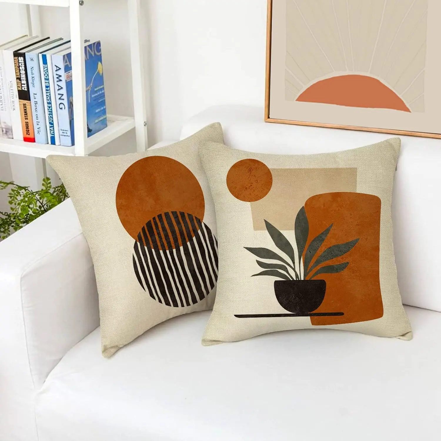 Bohemian Abstract Sunset Olive Leaf Pillow Cover | Double-Sided Printed Geometric Line Cushion Case for Modern Art Home Decor