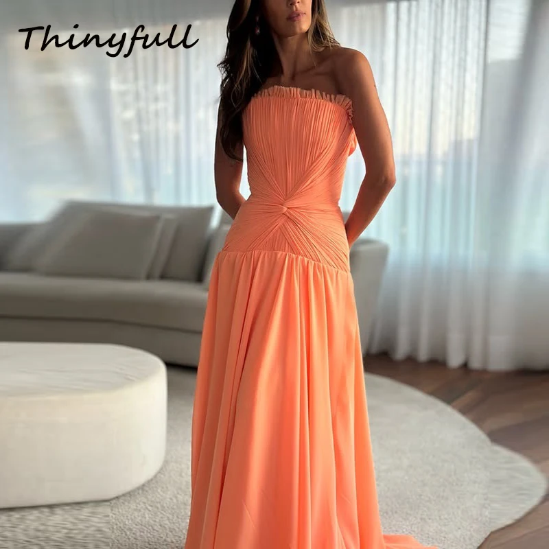 

Thinyfull Chiffon A-line Arabic Prom Dress Sleeveless Evening Dresses Ruched Formal Occasion Gown Robe De Soirée Customized